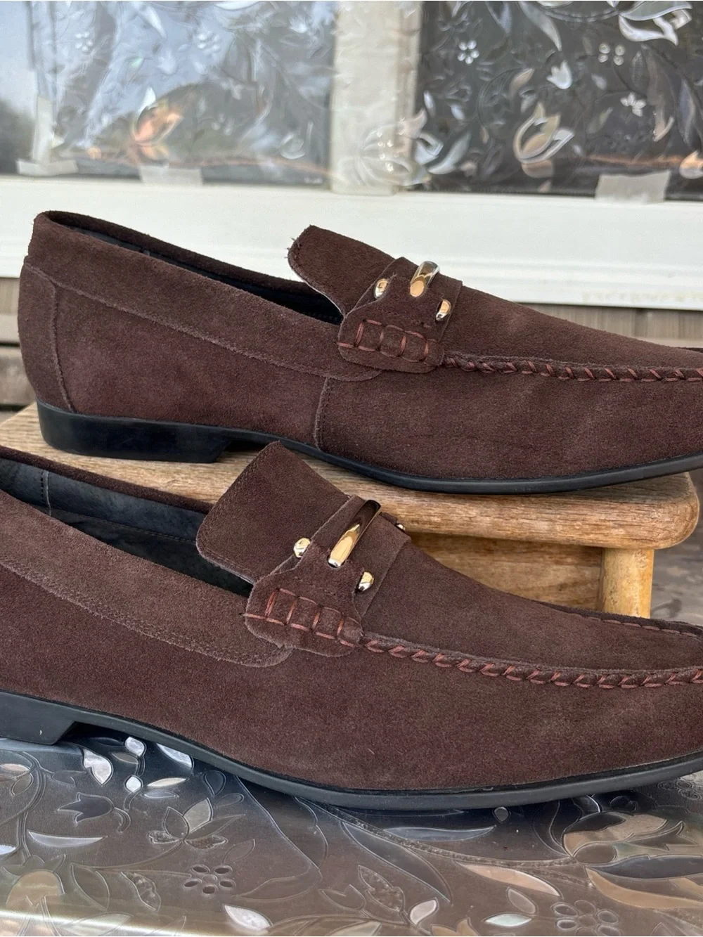 Stacy Adams Brown Suede Slip-On Loafers with Gold-Tone Bit 14 EUC